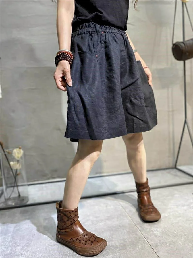 Cotton Linen Shorts Women Summer  Vintage Elastic Waist Wide Leg Pants Casual Loose Oversized Five-point Shorts Women Clothing