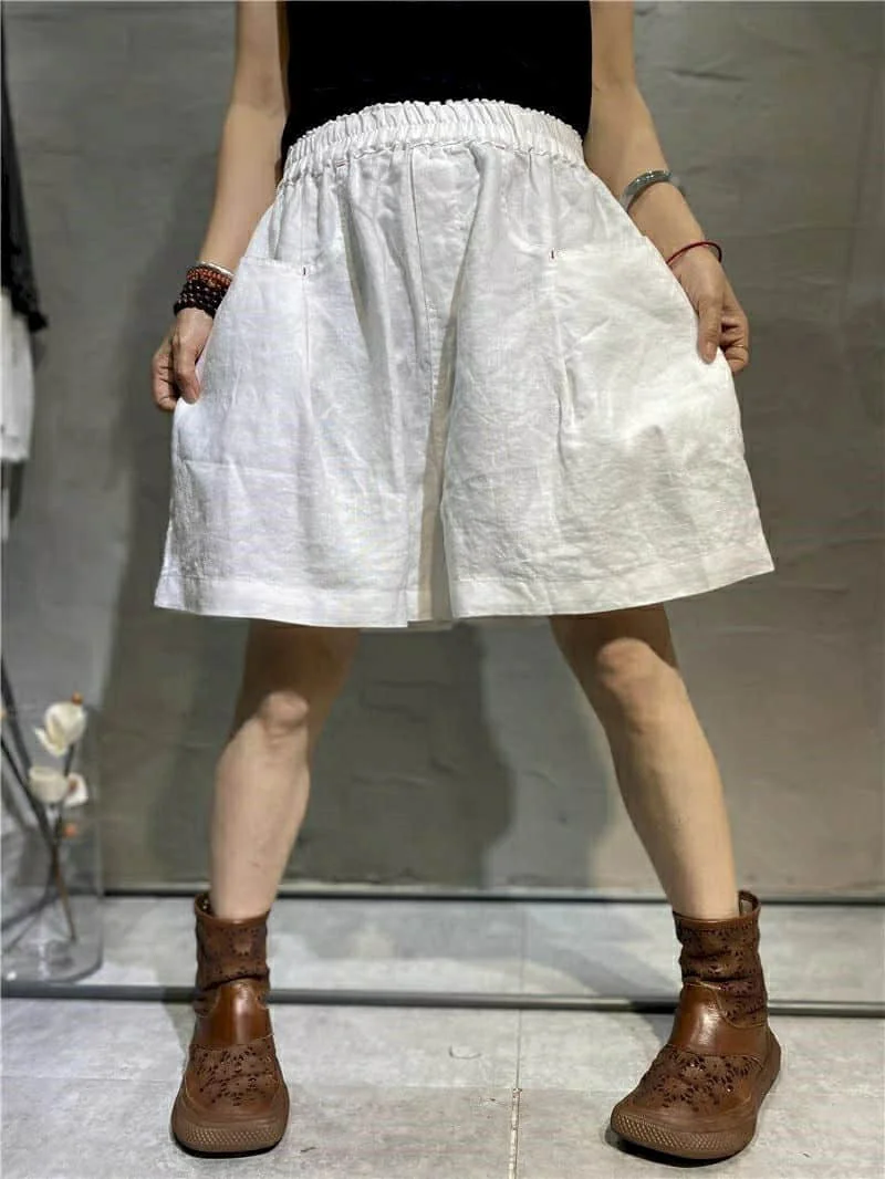Cotton Linen Shorts Women Summer  Vintage Elastic Waist Wide Leg Pants Casual Loose Oversized Five-point Shorts Women Clothing