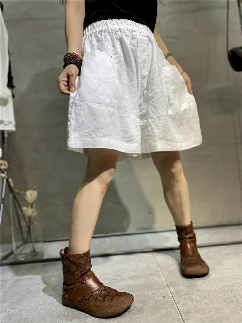 Cotton Linen Shorts Women Summer  Vintage Elastic Waist Wide Leg Pants Casual Loose Oversized Five-point Shorts Women Clothing