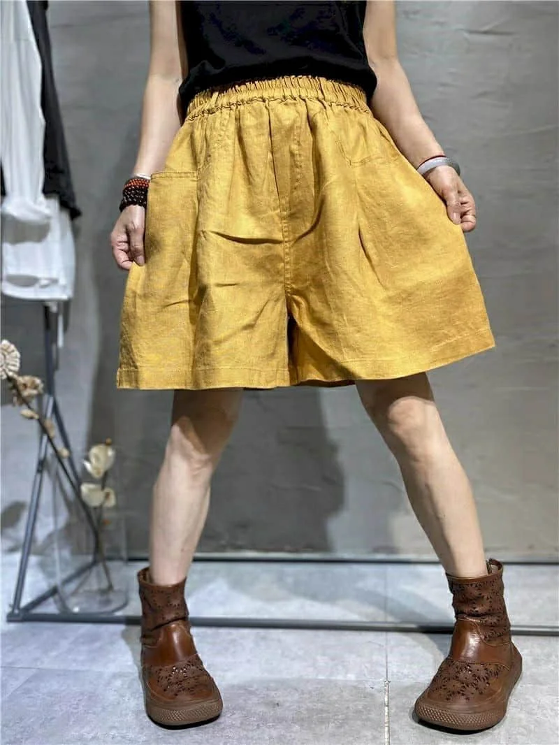 Cotton Linen Shorts Women Summer  Vintage Elastic Waist Wide Leg Pants Casual Loose Oversized Five-point Shorts Women Clothing