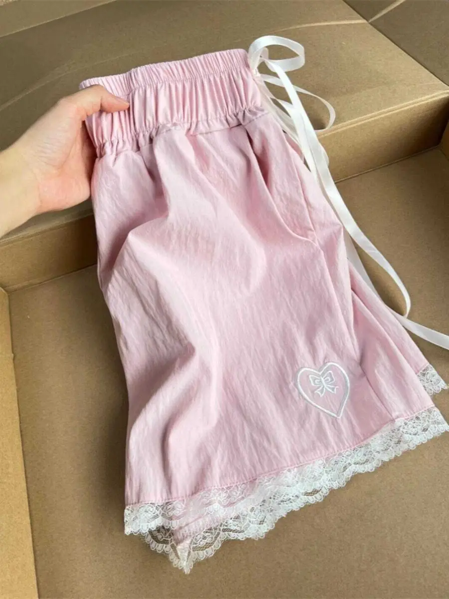 Lace lace-up shorts for women in 2025 sweet elastic high-waisted loose versatile and casual wide-leg pants