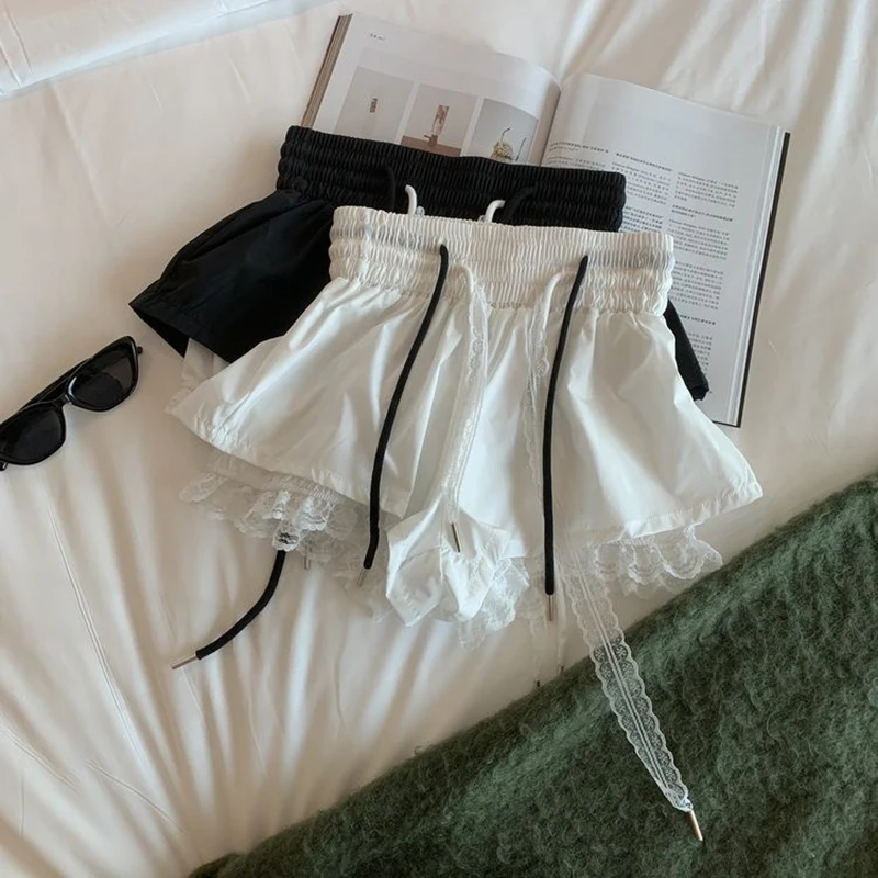 Lace Patchwork Women Wide Leg Shorts Fashion High Waist Multi Layer Chic Shorts Skirts Summer Streetwear Hot Girl Mini Pants