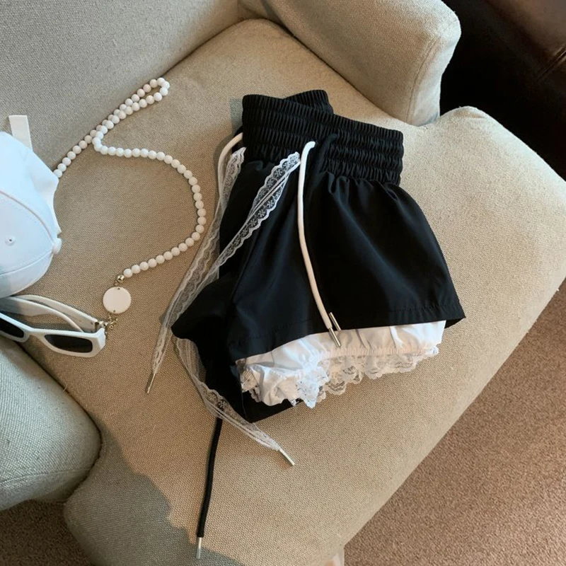 Lace Patchwork Women Wide Leg Shorts Fashion High Waist Multi Layer Chic Shorts Skirts Summer Streetwear Hot Girl Mini Pants