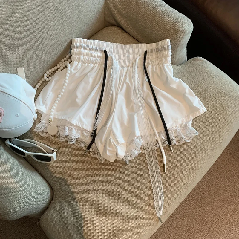 Lace Patchwork Women Wide Leg Shorts Fashion High Waist Multi Layer Chic Shorts Skirts Summer Streetwear Hot Girl Mini Pants