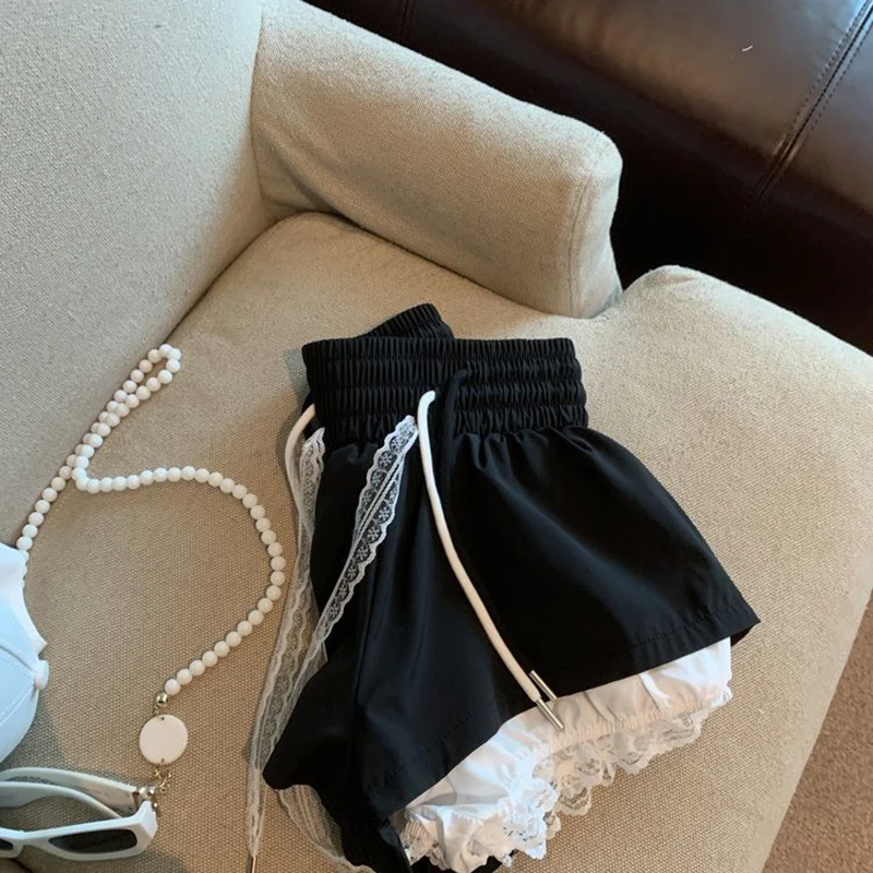 Lace Patchwork Women Wide Leg Shorts Fashion High Waist Multi Layer Chic Shorts Skirts Summer Streetwear Hot Girl Mini Pants