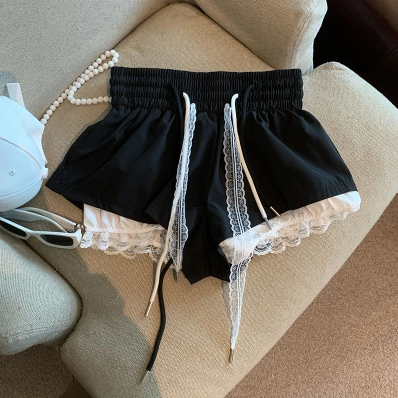 Lace Patchwork Women Wide Leg Shorts Fashion High Waist Multi Layer Chic Shorts Skirts Summer Streetwear Hot Girl Mini Pants