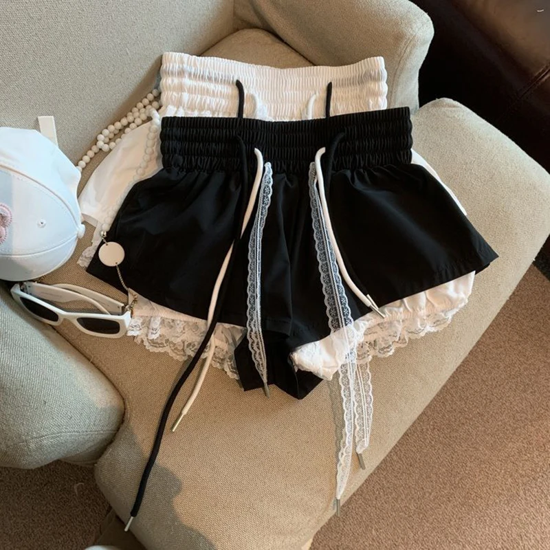 Lace Patchwork Women Wide Leg Shorts Fashion High Waist Multi Layer Chic Shorts Skirts Summer Streetwear Hot Girl Mini Pants