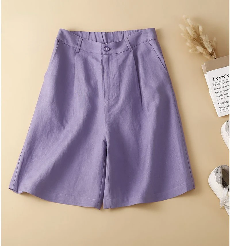 Women's Shorts Cotton Linen High Waisted Short Pants Casual Loose Solid Purple Button Summer Shorts for Women