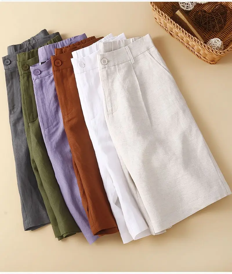 Women's Shorts Cotton Linen High Waisted Short Pants Casual Loose Solid Purple Button Summer Shorts for Women