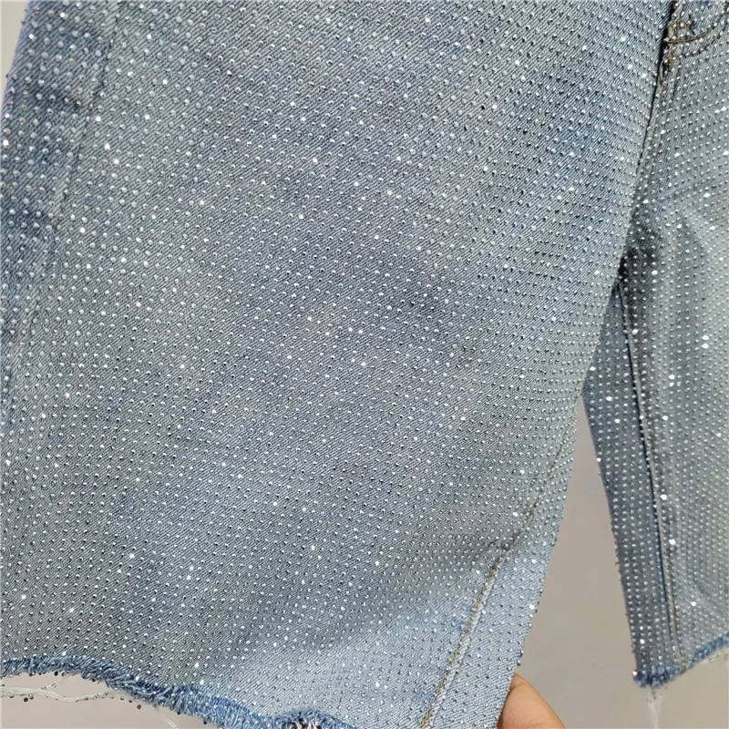 Denim Shorts Women Short Pants Diamonds High Waist Distressed Washed Y2k Punk Knee Length Streetwear Summer 2025 Straight Jeans