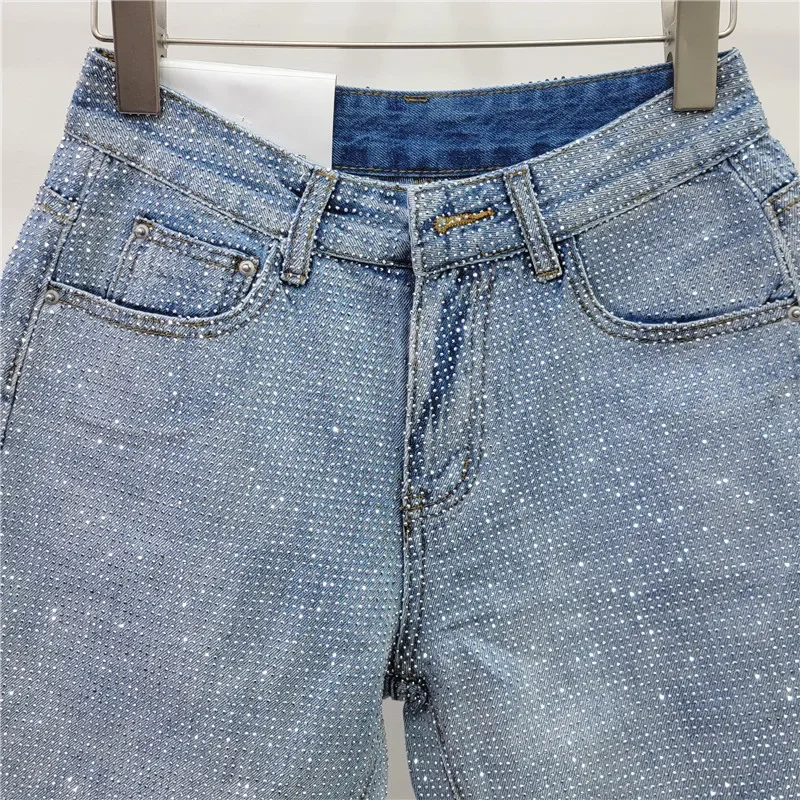 Denim Shorts Women Short Pants Diamonds High Waist Distressed Washed Y2k Punk Knee Length Streetwear Summer 2025 Straight Jeans