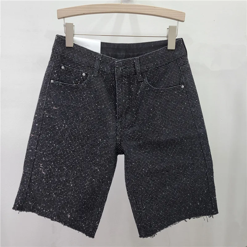 Denim Shorts Women Short Pants Diamonds High Waist Distressed Washed Y2k Punk Knee Length Streetwear Summer 2025 Straight Jeans
