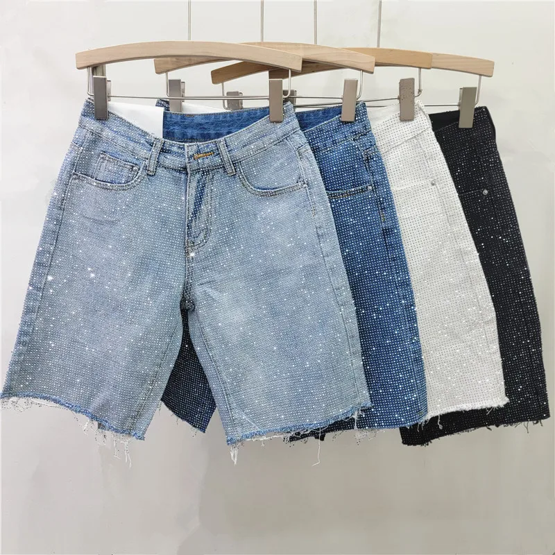 Denim Shorts Women Short Pants Diamonds High Waist Distressed Washed Y2k Punk Knee Length Streetwear Summer 2025 Straight Jeans