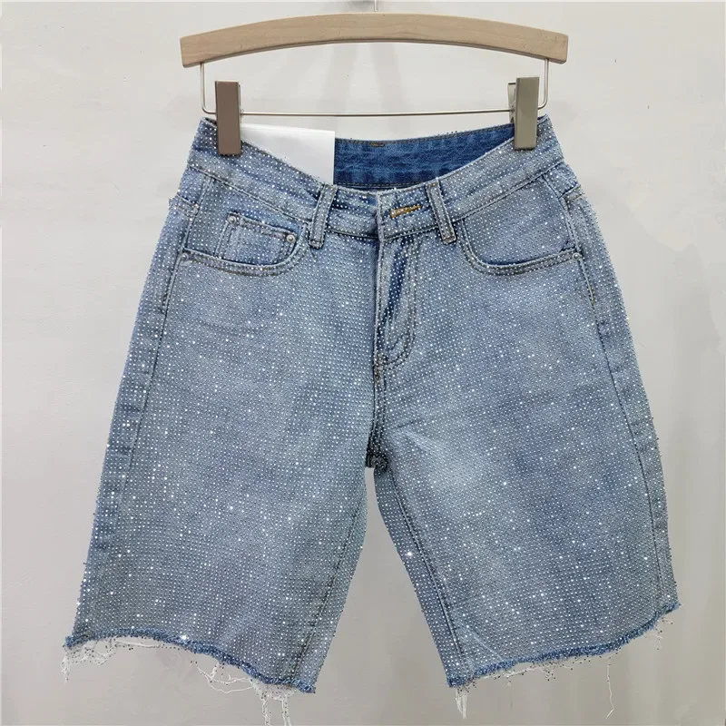Denim Shorts Women Short Pants Diamonds High Waist Distressed Washed Y2k Punk Knee Length Streetwear Summer 2025 Straight Jeans