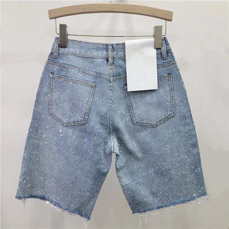 Denim Shorts Women Short Pants Diamonds High Waist Distressed Washed Y2k Punk Knee Length Streetwear Summer 2025 Straight Jeans