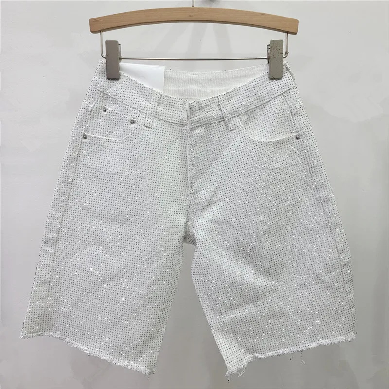 Denim Shorts Women Short Pants Diamonds High Waist Distressed Washed Y2k Punk Knee Length Streetwear Summer 2025 Straight Jeans