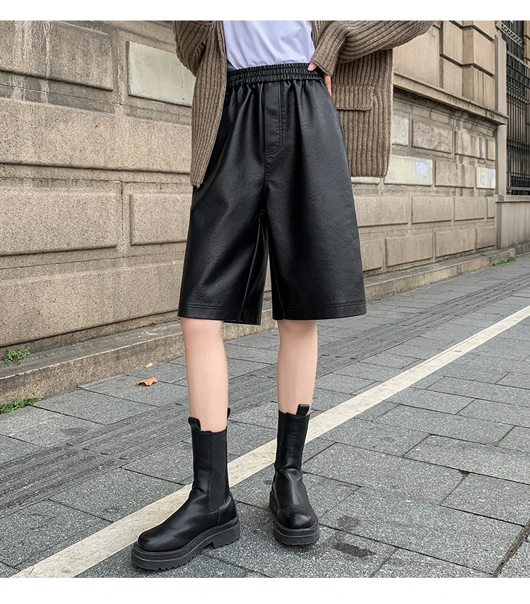 S-3XL PU Leather Shorts Women's Autumn Winter New 2021 High Waist Elastic Loose Five Points Leather Trouser Clothes Shorts