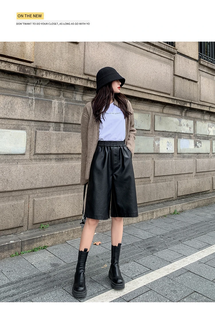 S-3XL PU Leather Shorts Women's Autumn Winter New 2021 High Waist Elastic Loose Five Points Leather Trouser Clothes Shorts