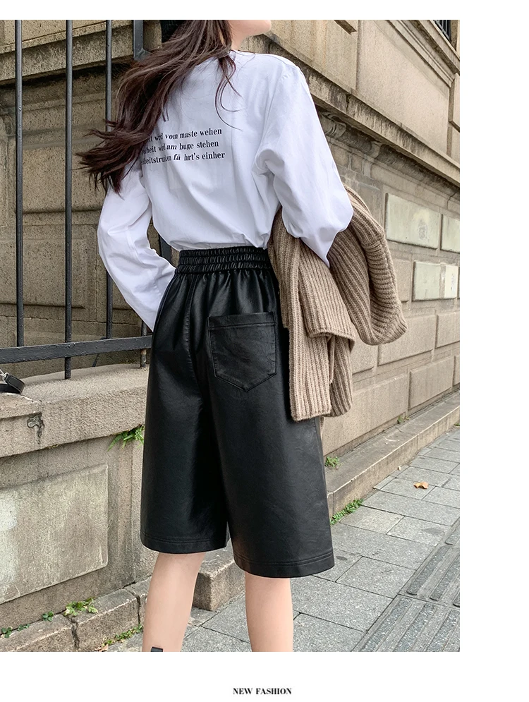 S-3XL PU Leather Shorts Women's Autumn Winter New 2021 High Waist Elastic Loose Five Points Leather Trouser Clothes Shorts