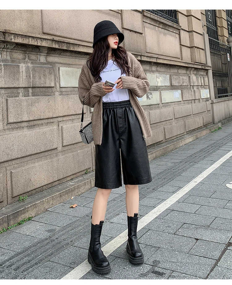 S-3XL PU Leather Shorts Women's Autumn Winter New 2021 High Waist Elastic Loose Five Points Leather Trouser Clothes Shorts