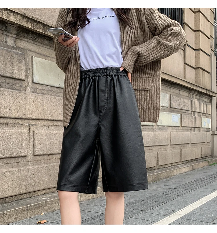 S-3XL PU Leather Shorts Women's Autumn Winter New 2021 High Waist Elastic Loose Five Points Leather Trouser Clothes Shorts