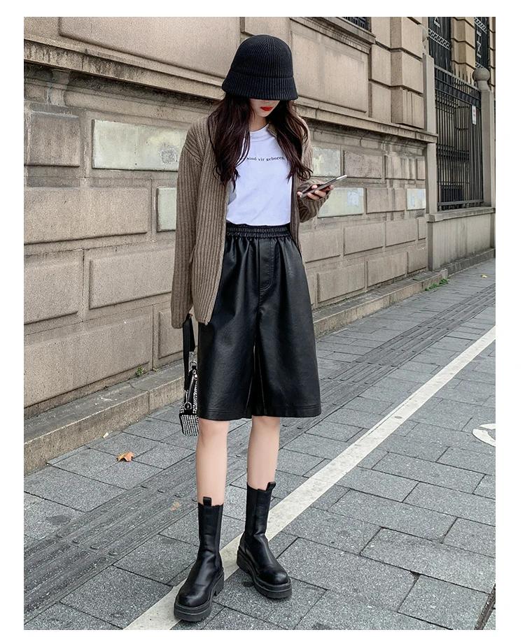 S-3XL PU Leather Shorts Women's Autumn Winter New 2021 High Waist Elastic Loose Five Points Leather Trouser Clothes Shorts