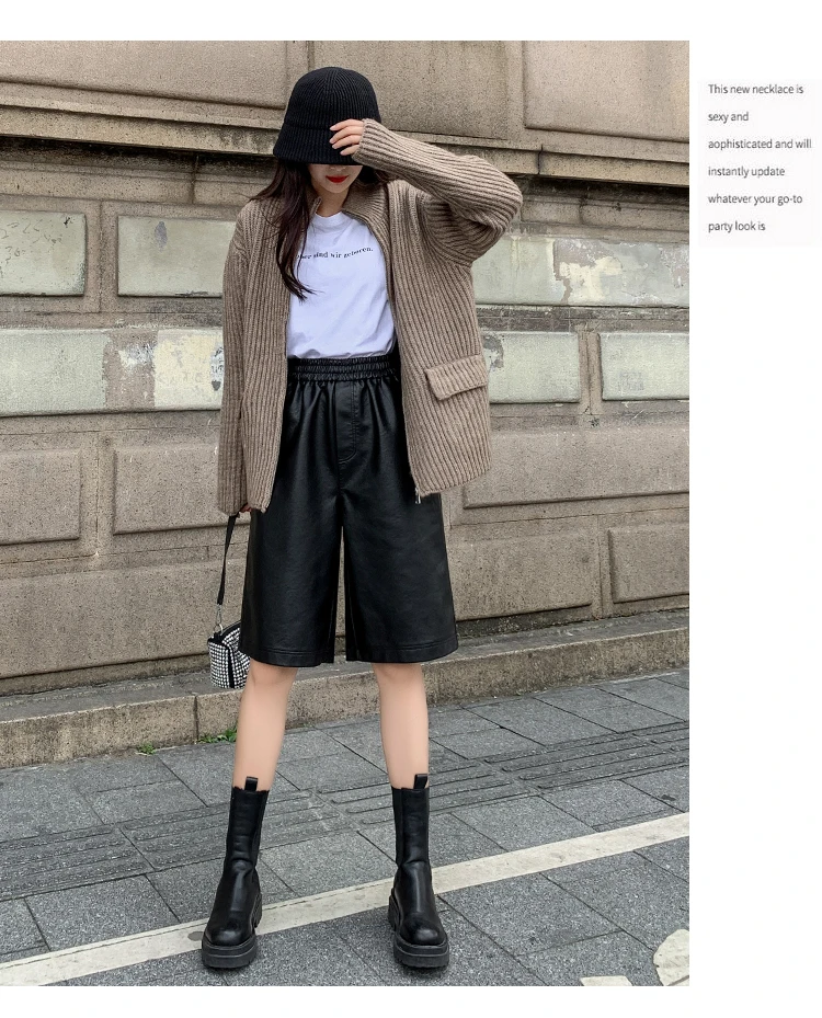 S-3XL PU Leather Shorts Women's Autumn Winter New 2021 High Waist Elastic Loose Five Points Leather Trouser Clothes Shorts