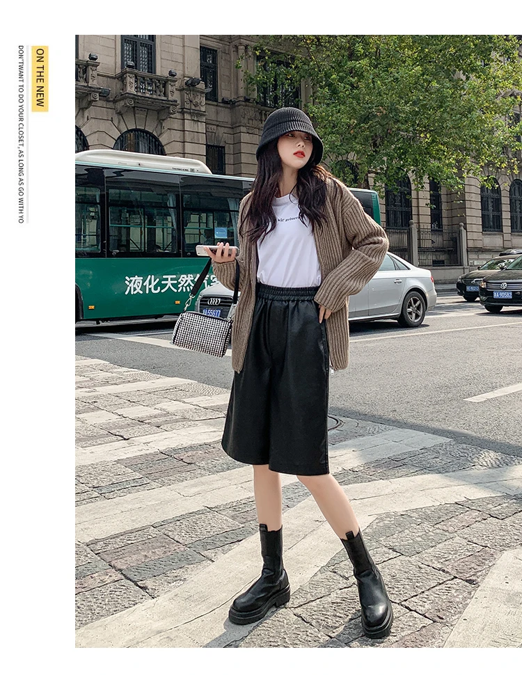 S-3XL PU Leather Shorts Women's Autumn Winter New 2021 High Waist Elastic Loose Five Points Leather Trouser Clothes Shorts