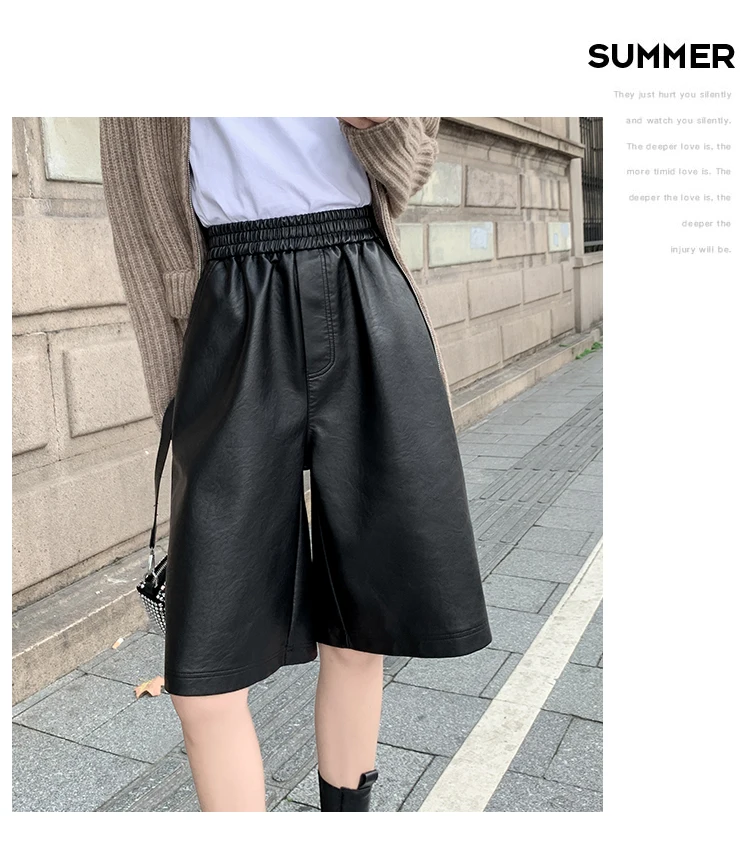 S-3XL PU Leather Shorts Women's Autumn Winter New 2021 High Waist Elastic Loose Five Points Leather Trouser Clothes Shorts