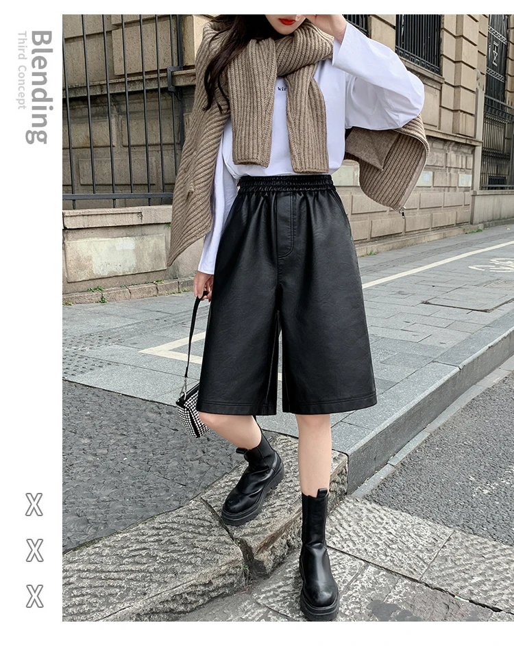 S-3XL PU Leather Shorts Women's Autumn Winter New 2021 High Waist Elastic Loose Five Points Leather Trouser Clothes Shorts