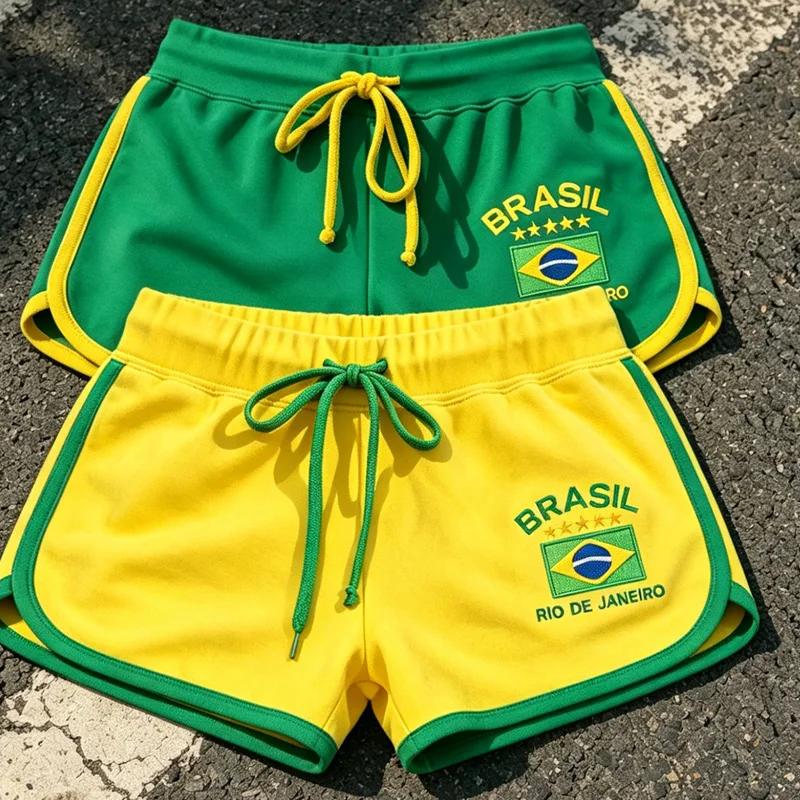 Summer Brasil Flag Print Contrast Piping Drawstring Waist Dolphin Shorts Daily Streetwear Slim Y2K Trendy New Women's Shorts