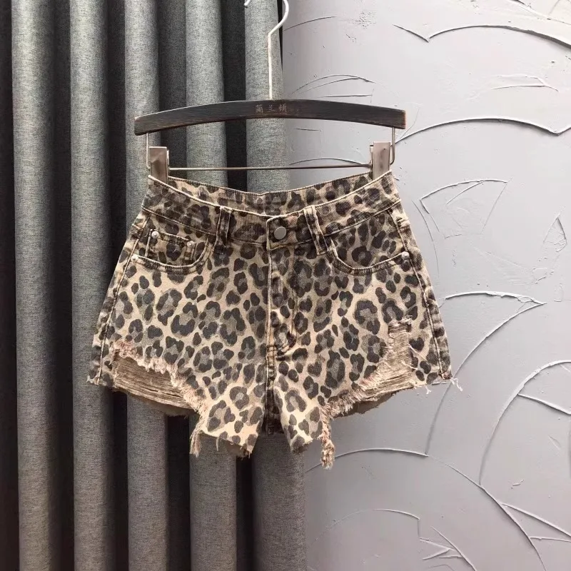 Personalized Leopard Print High Waist Denim Shorts Women's Summer Fashion A Word Rough Edge Wide Leg Jeans Hot Pants