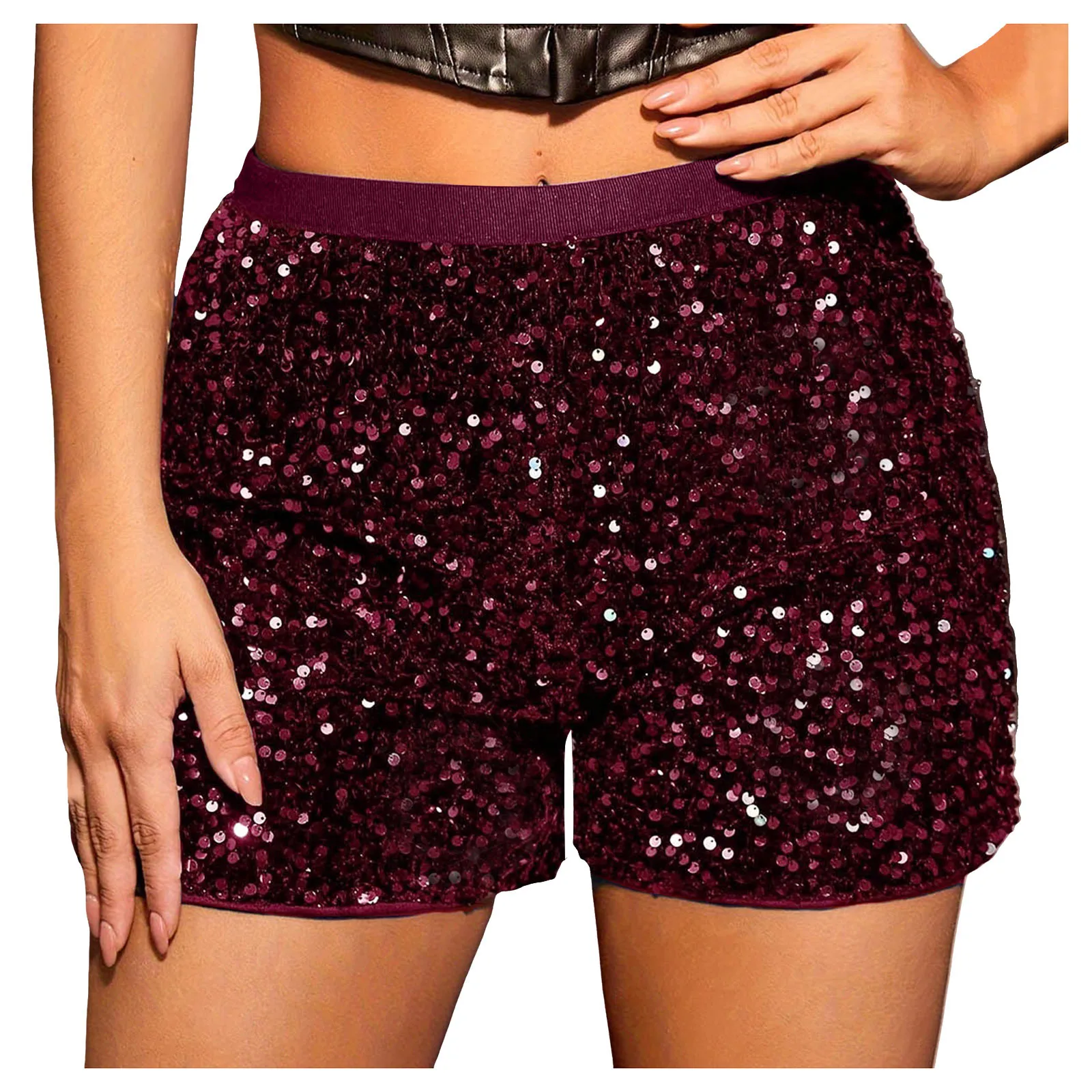 Women Fashion Sequined Mini Shorts High Waist Beading Solid Gliiter Dancing Shorts Clubwear Rave Performance Costumes Hot Pants