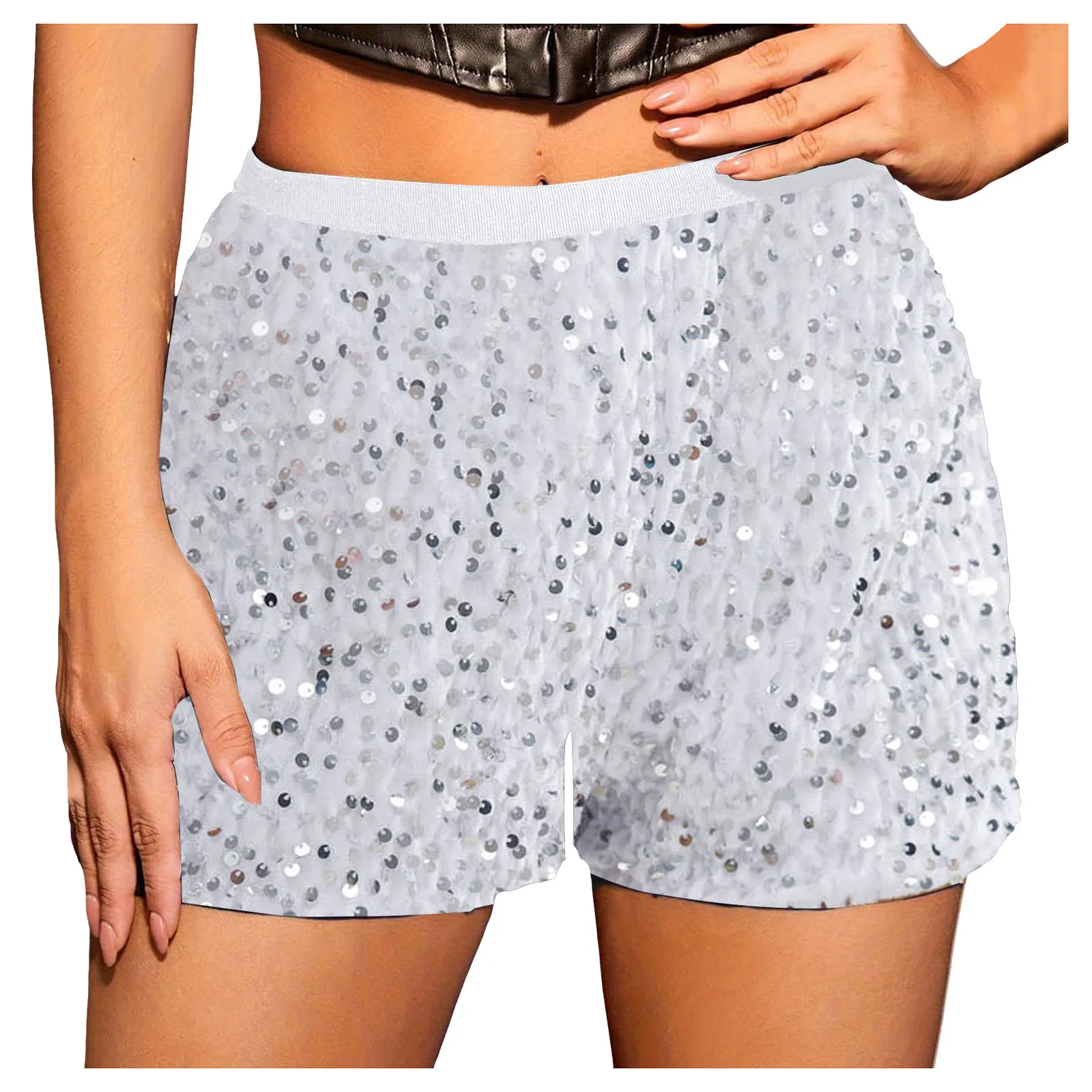 Women Fashion Sequined Mini Shorts High Waist Beading Solid Gliiter Dancing Shorts Clubwear Rave Performance Costumes Hot Pants
