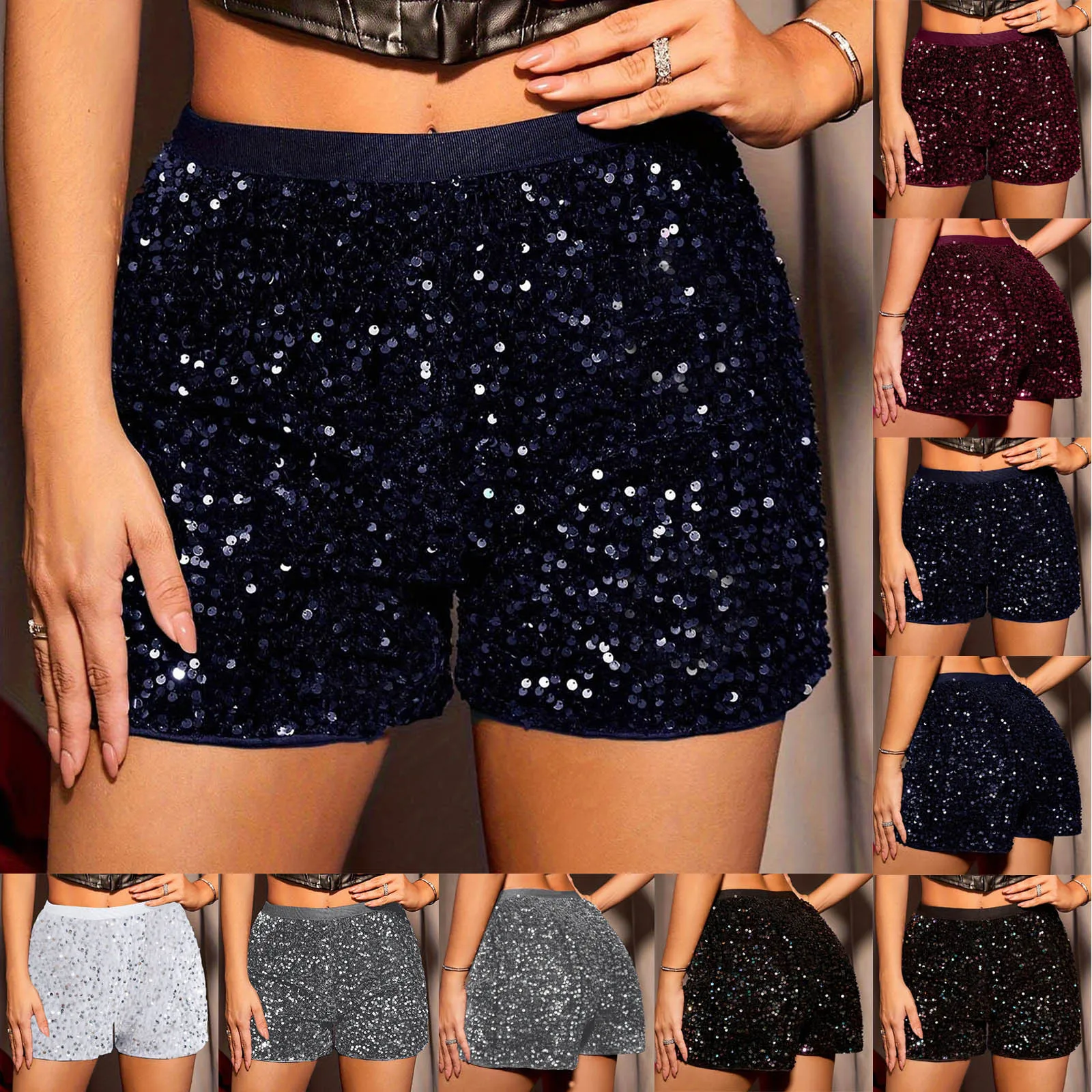 Women Fashion Sequined Mini Shorts High Waist Beading Solid Gliiter Dancing Shorts Clubwear Rave Performance Costumes Hot Pants