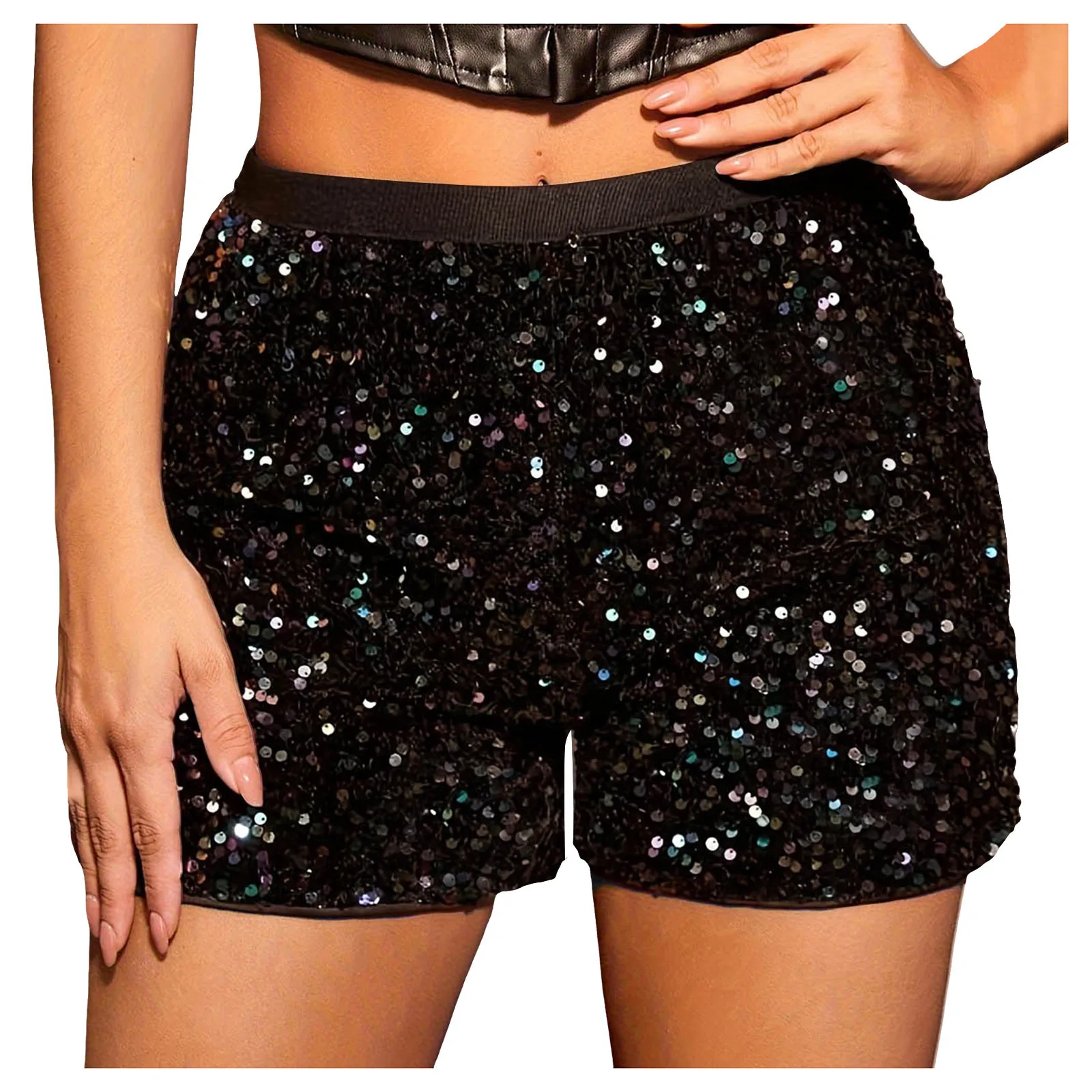 Women Fashion Sequined Mini Shorts High Waist Beading Solid Gliiter Dancing Shorts Clubwear Rave Performance Costumes Hot Pants