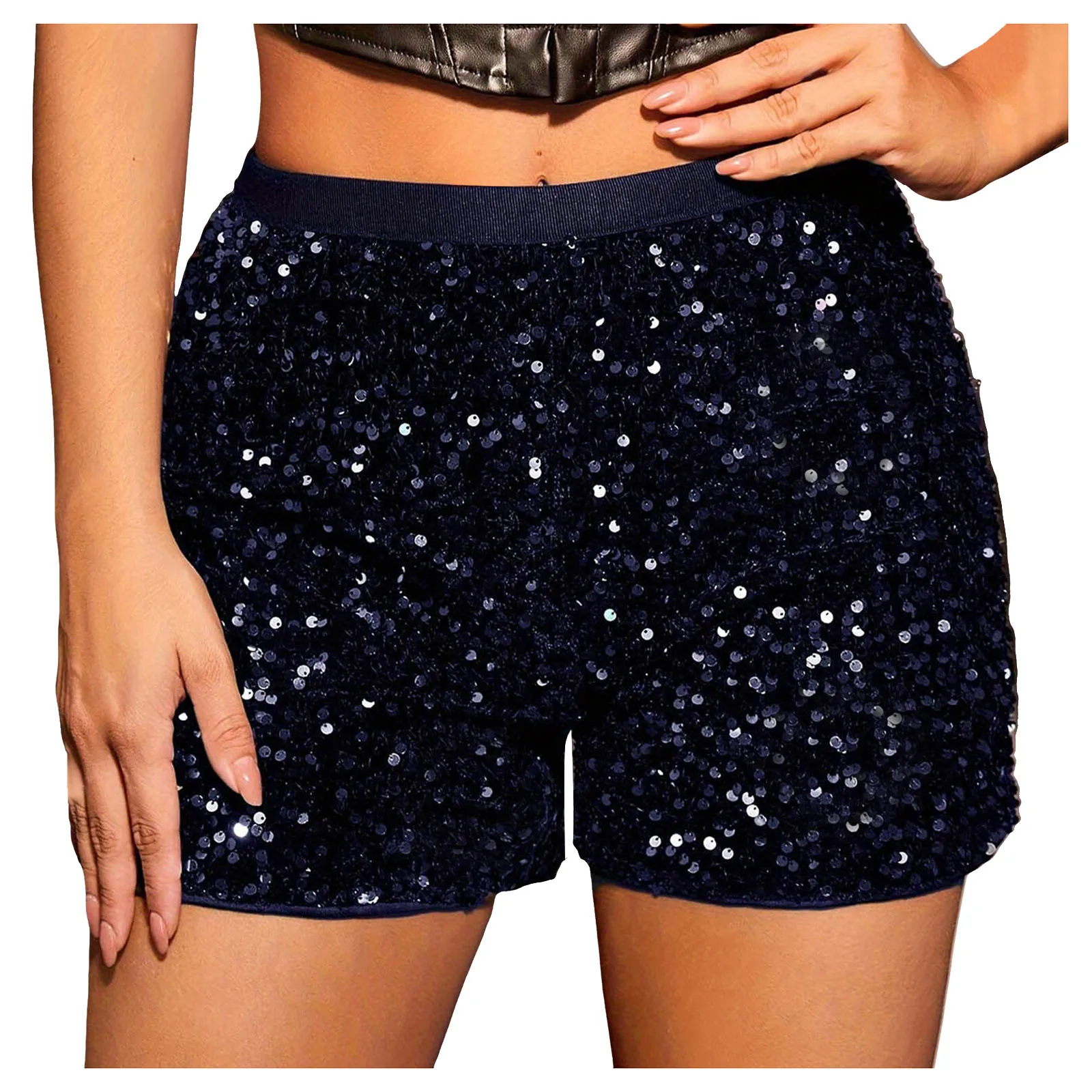 Women Fashion Sequined Mini Shorts High Waist Beading Solid Gliiter Dancing Shorts Clubwear Rave Performance Costumes Hot Pants