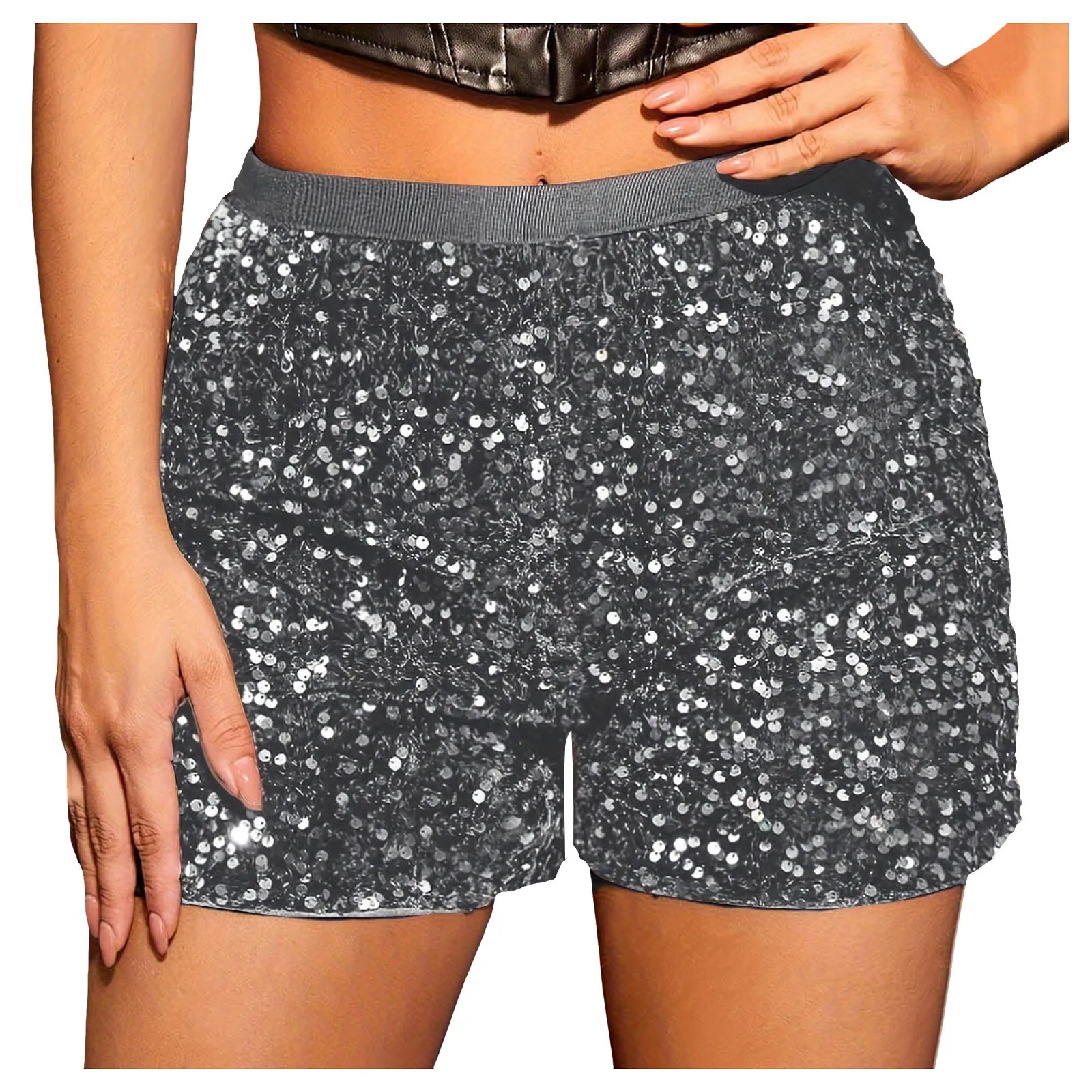 Women Fashion Sequined Mini Shorts High Waist Beading Solid Gliiter Dancing Shorts Clubwear Rave Performance Costumes Hot Pants