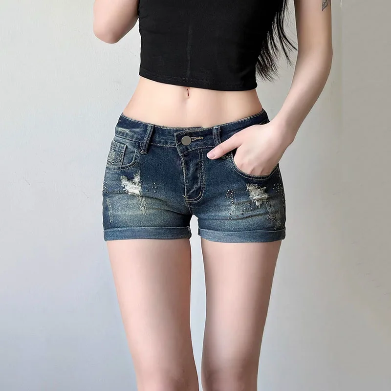 Summer Women Hole Denim Shorts Sexy Low Waist Slim Fit Hot Rhinestones Short Jeans Woman Retro Y2K Streetwear Roll Up Hem Shorts