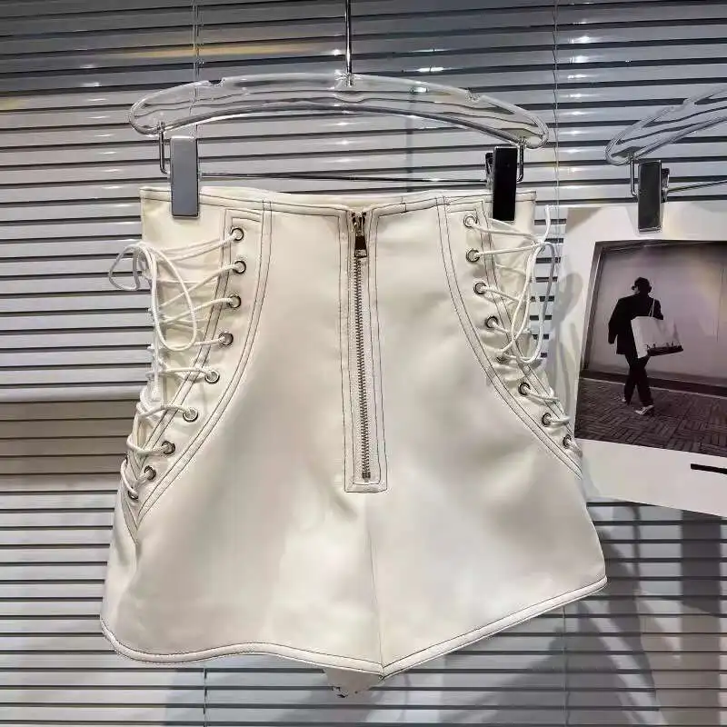 DEAT Women's Fashion High Waist Zipper Design Shorts Trendy Casual A-line Side Straps Short Pants Female Spring New 11A02658