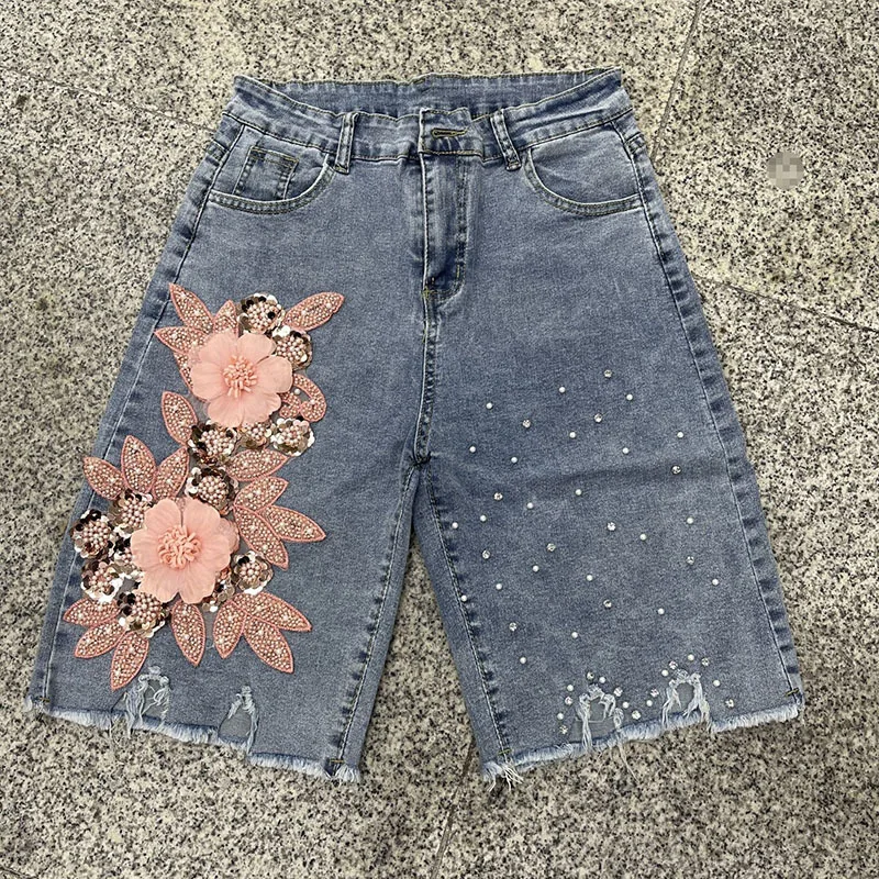 KUCLUT 2026 Summer New Fashion Heavy Beaded 3D Flower Design Denim Shorts For Women High Waist Five-Point Pants Female 1A2287