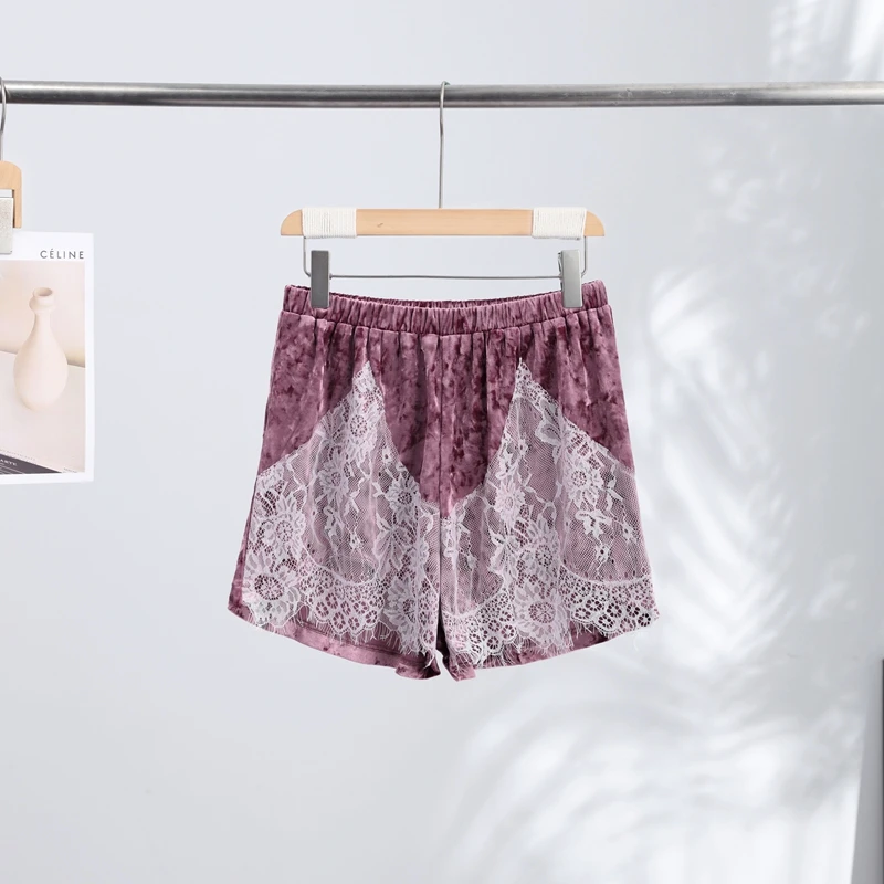 Green Velvet Lace Trim Shorts Women's Casual High-waist Straight Short Pants 2026 New Ladies Summer Vacation Beach Outfit