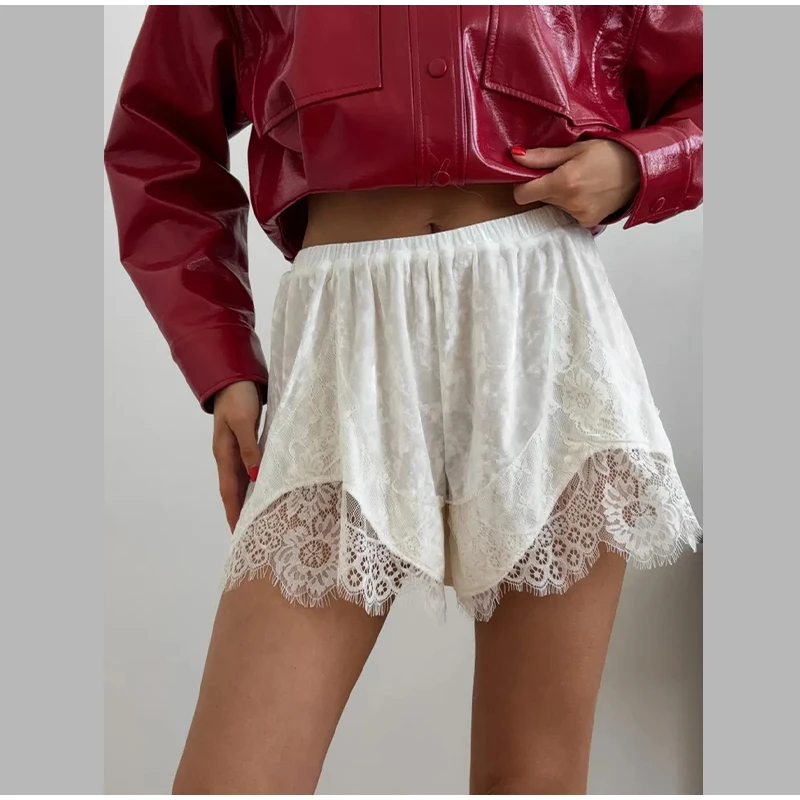 Green Velvet Lace Trim Shorts Women's Casual High-waist Straight Short Pants 2026 New Ladies Summer Vacation Beach Outfit