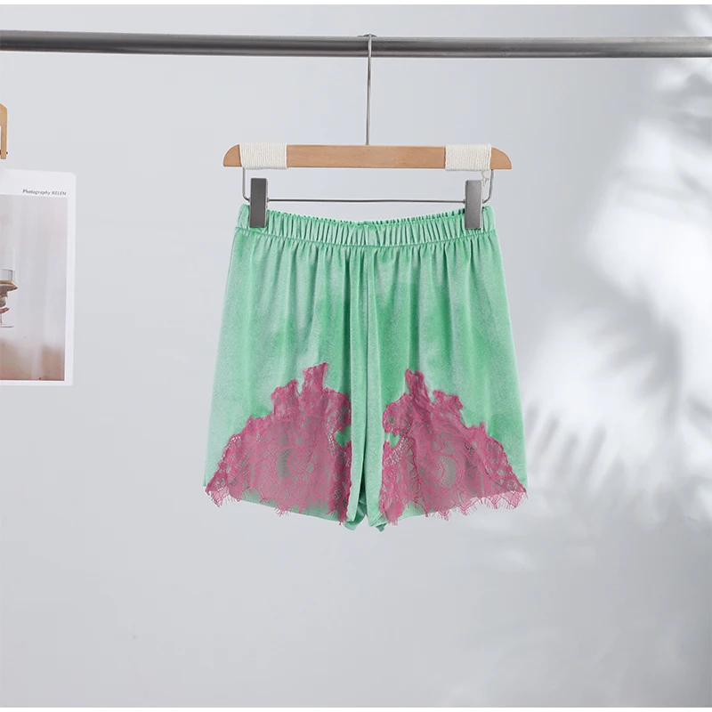 Green Velvet Lace Trim Shorts Women's Casual High-waist Straight Short Pants 2026 New Ladies Summer Vacation Beach Outfit