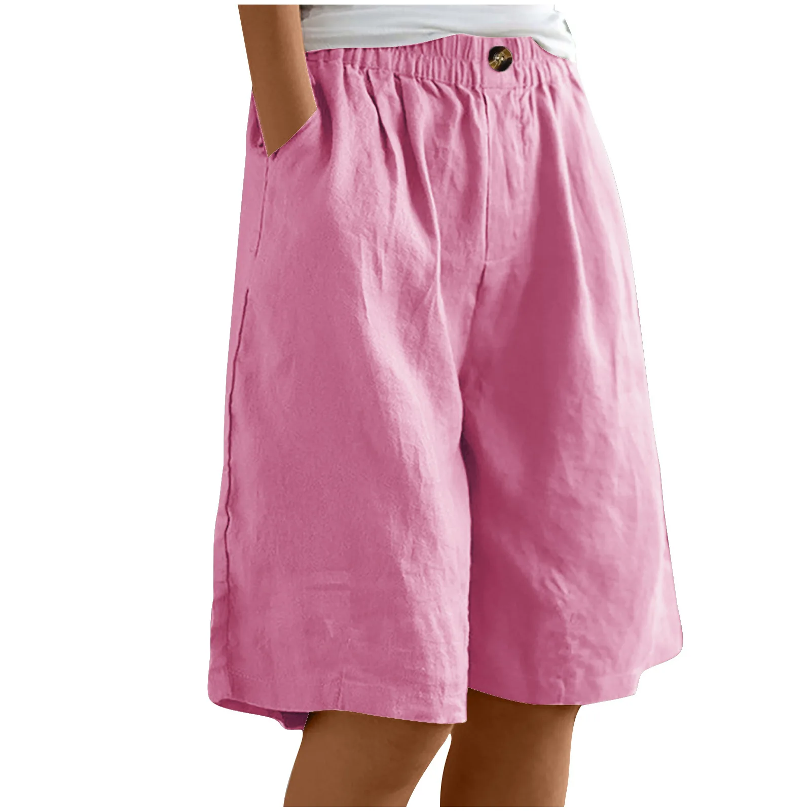 2024 Summer Women's Middle Pants Cotton and Hemp Shorts Five Quarter Pants Loose High Waist Button Shorts for Female