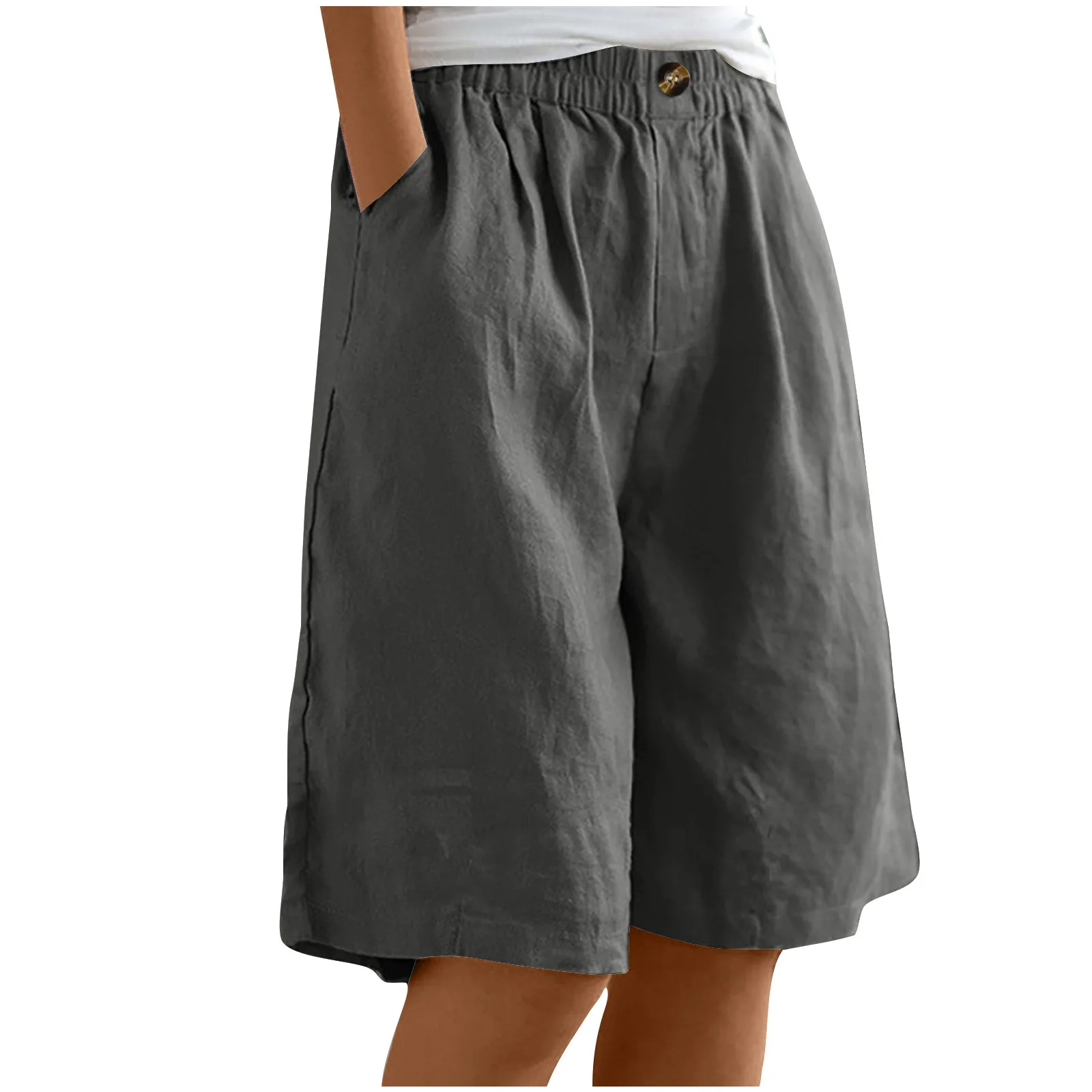 2024 Summer Women's Middle Pants Cotton and Hemp Shorts Five Quarter Pants Loose High Waist Button Shorts for Female