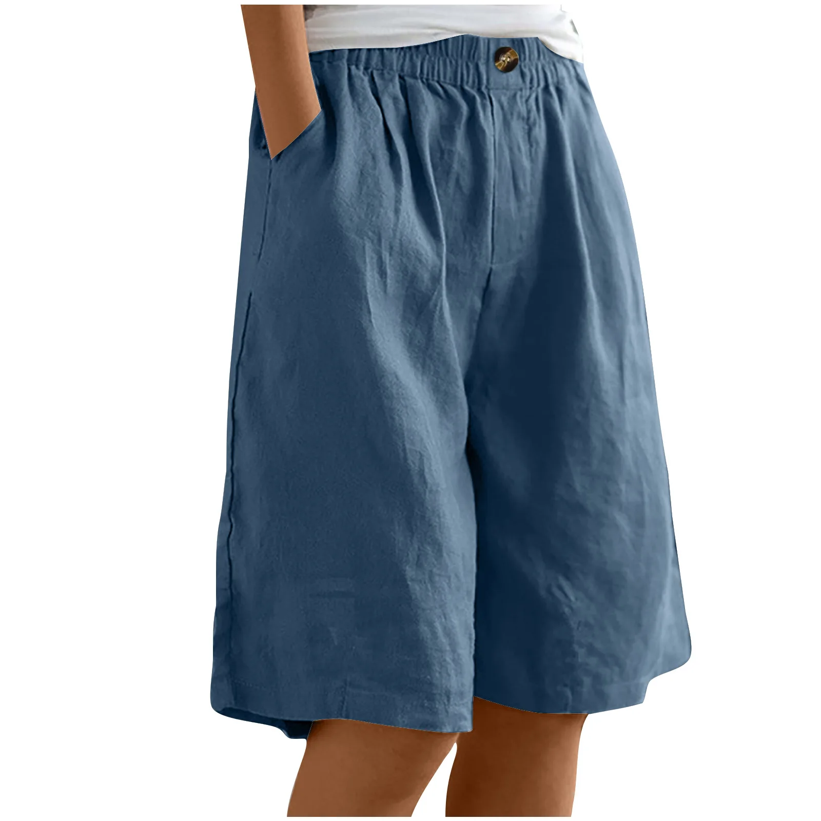 2024 Summer Women's Middle Pants Cotton and Hemp Shorts Five Quarter Pants Loose High Waist Button Shorts for Female
