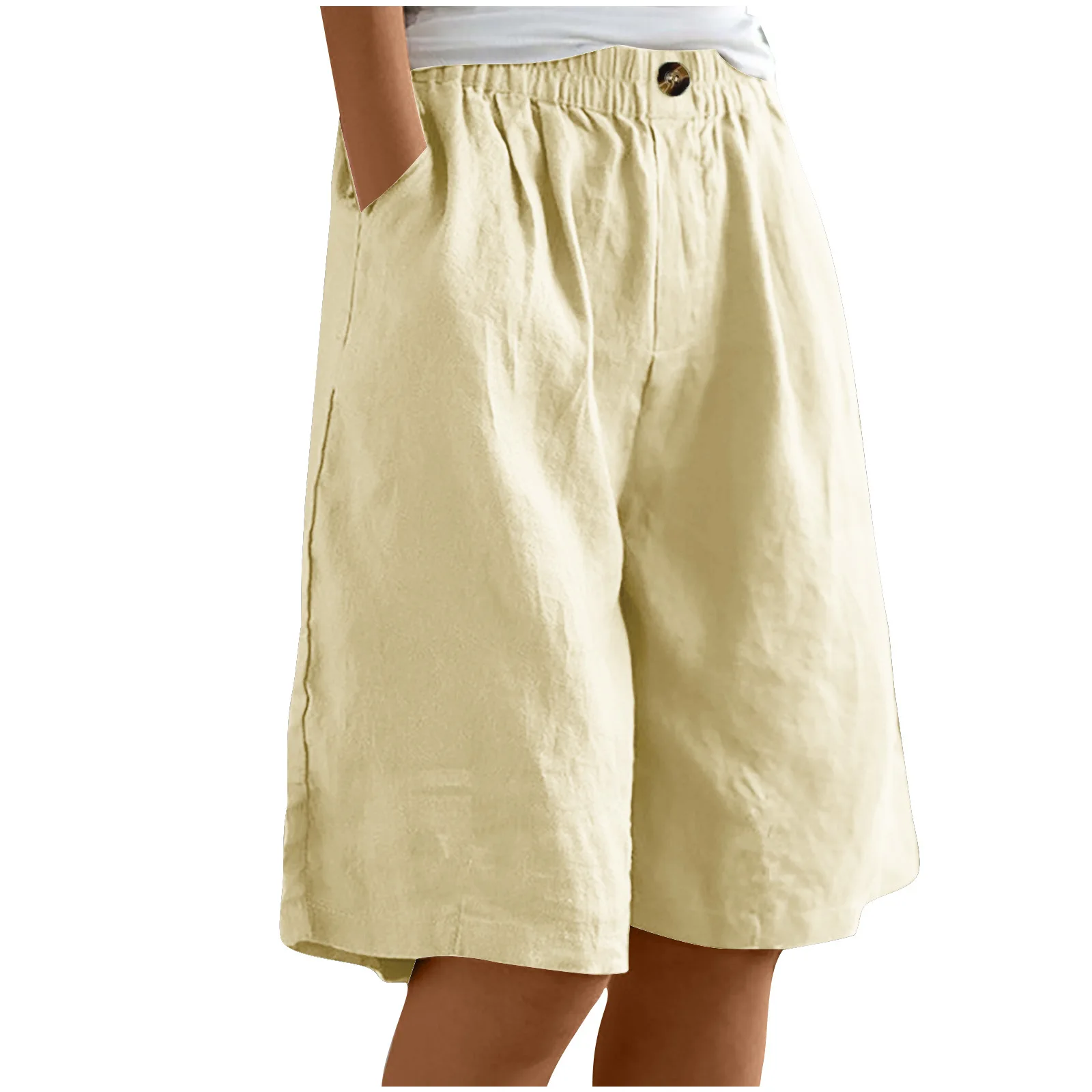2024 Summer Women's Middle Pants Cotton and Hemp Shorts Five Quarter Pants Loose High Waist Button Shorts for Female