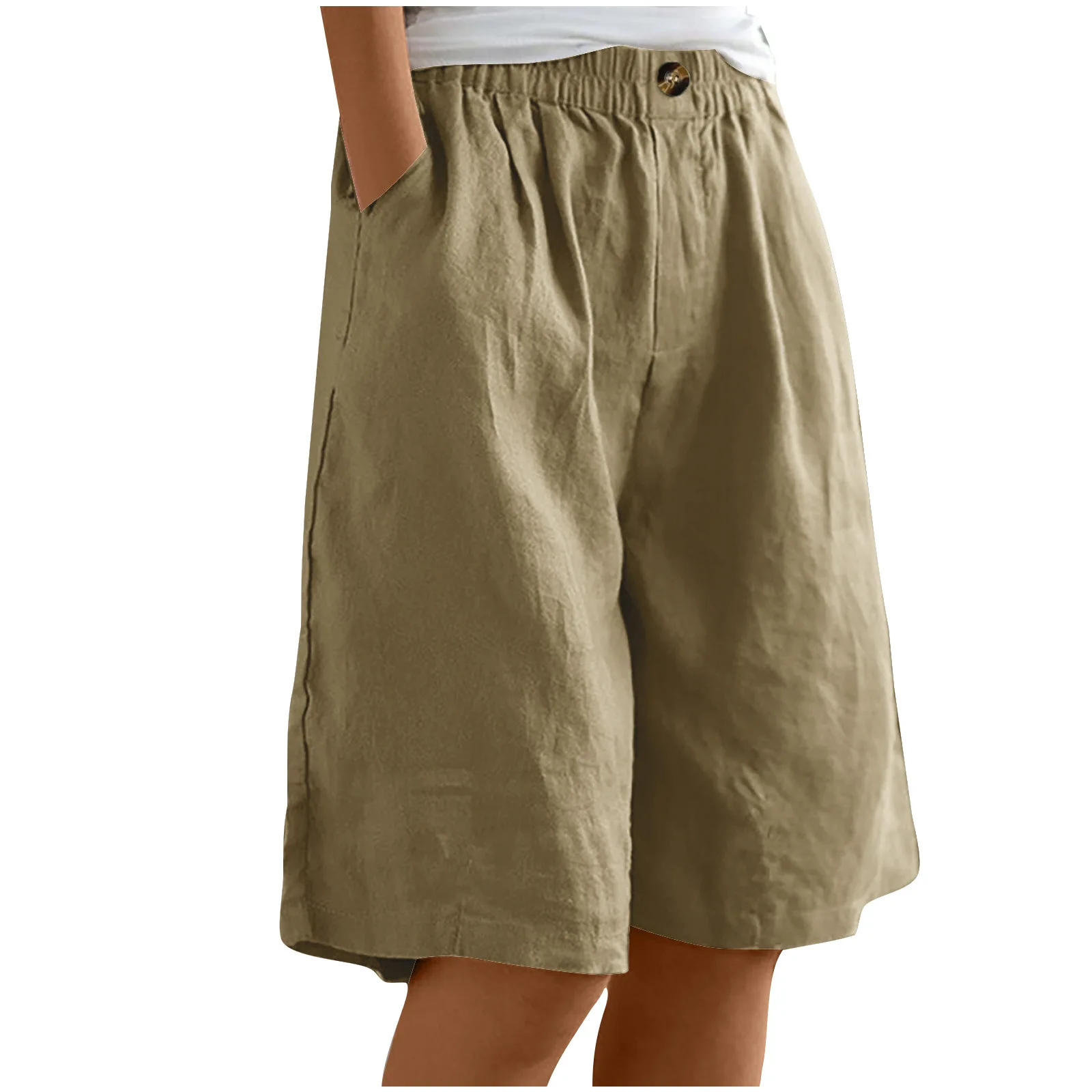 2024 Summer Women's Middle Pants Cotton and Hemp Shorts Five Quarter Pants Loose High Waist Button Shorts for Female