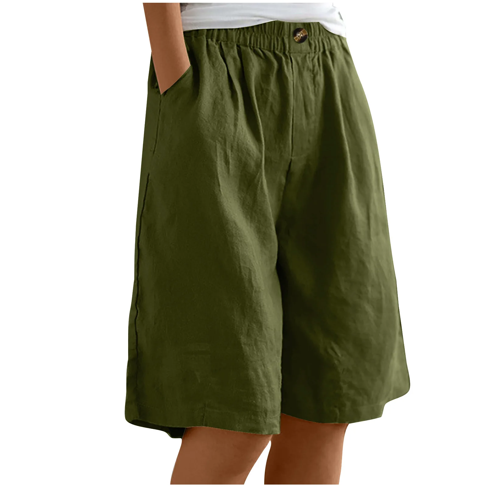 2024 Summer Women's Middle Pants Cotton and Hemp Shorts Five Quarter Pants Loose High Waist Button Shorts for Female